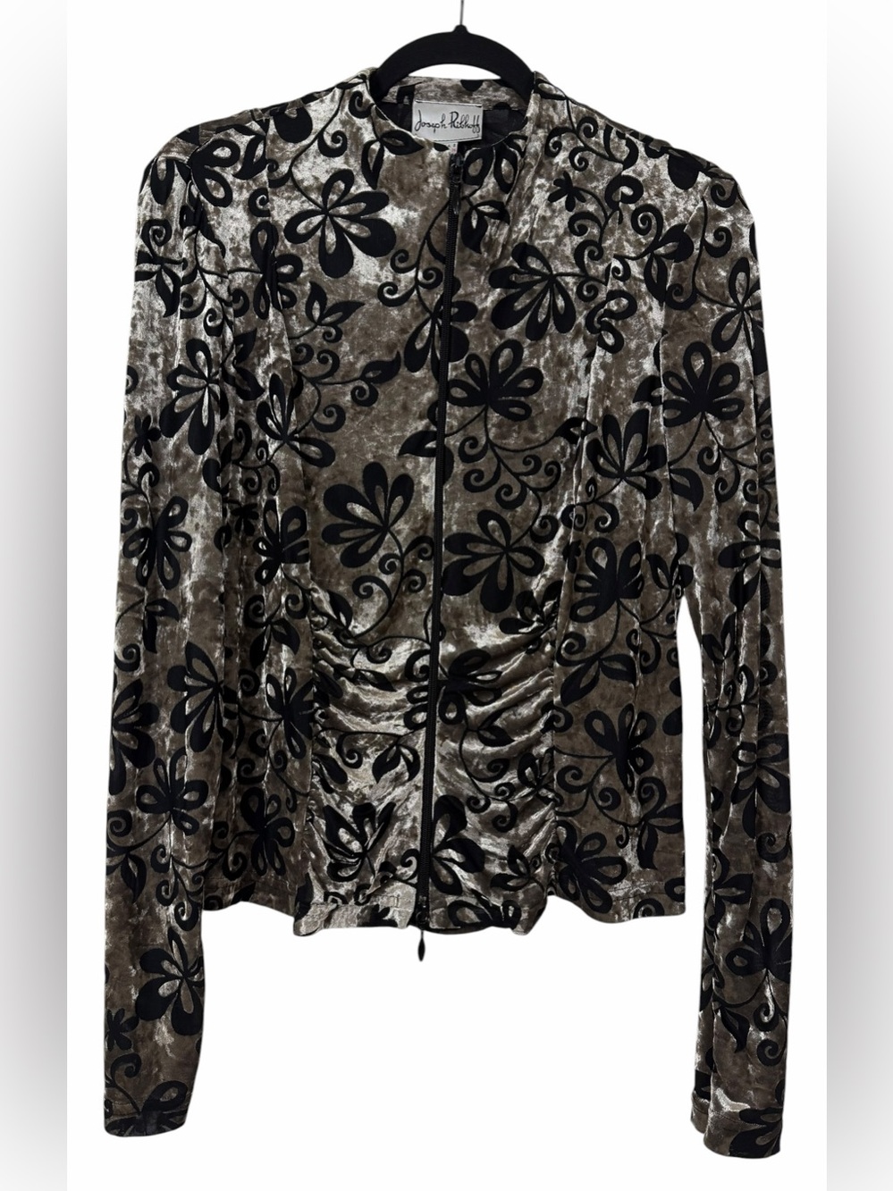 Joseph Ribkoff Velvet Burnout Jacket Vintage Zip Up Floral Silver Size 8 (M)